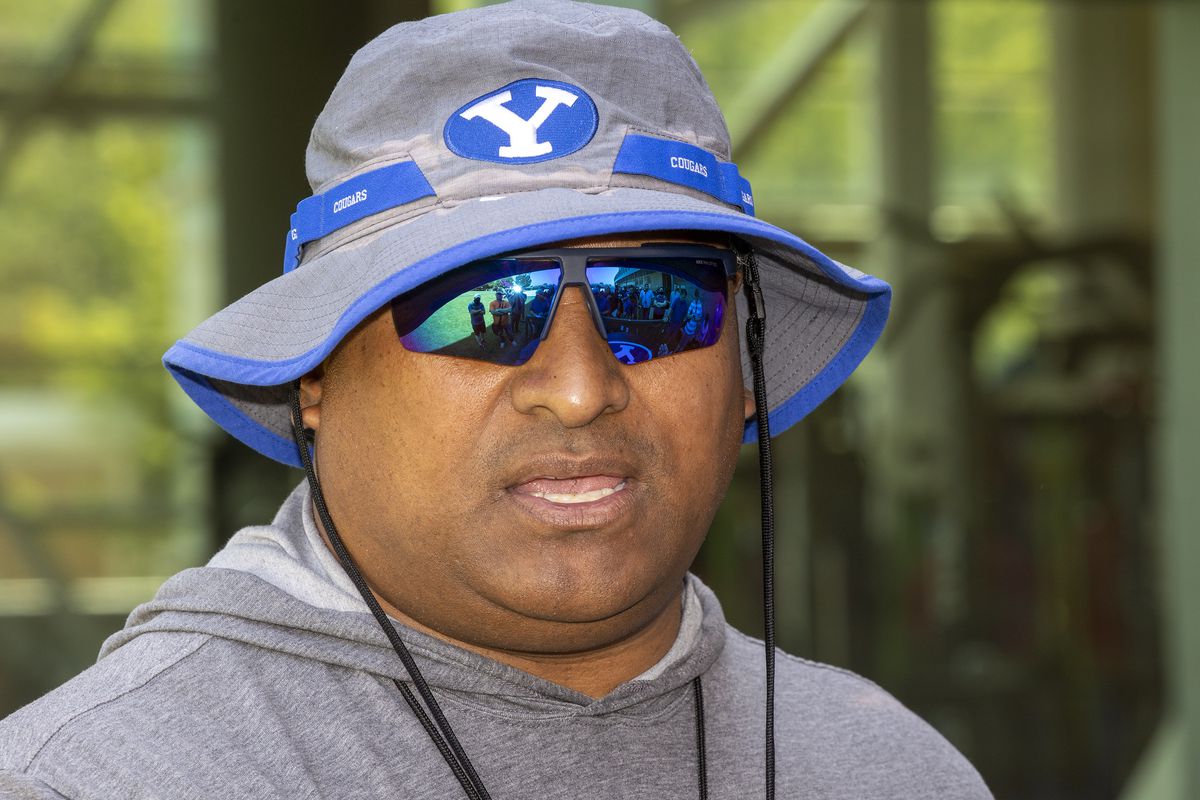BYU coach Kalani Sitake discusses Built Brands’ name, image and likeness agreement with BYU on Aug. 13, 2021, in Provo, Utah.