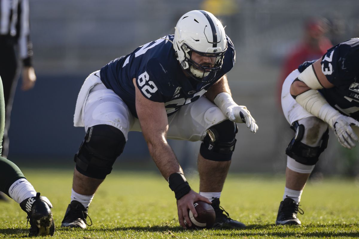 Michal Menet #62 of the Penn State Nittany Lions lines up against the Michigan State Spartans during the first half at Beaver Stadium on December 12, 2020 in State College, Pennsylvania.