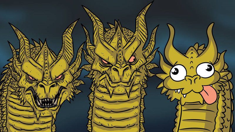 The “Three Headed Dragon” meme, showing a three-headed dragon with one very goofy looking head