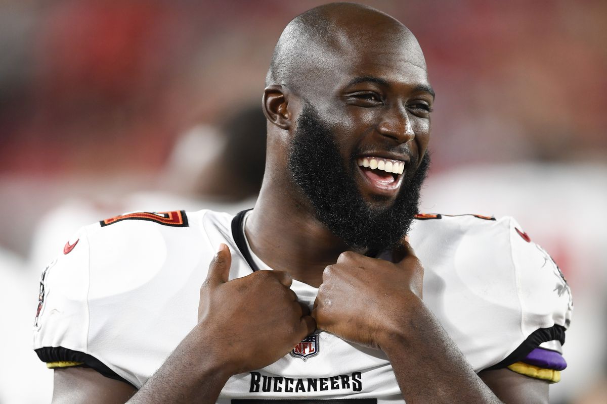 Leonard Fournette #7 of the Tampa Bay Buccaneers looks on during the second quarter against the Cincinnati Bengals during a preseason game at Raymond James Stadium on August 14, 2021 in Tampa, Florida.