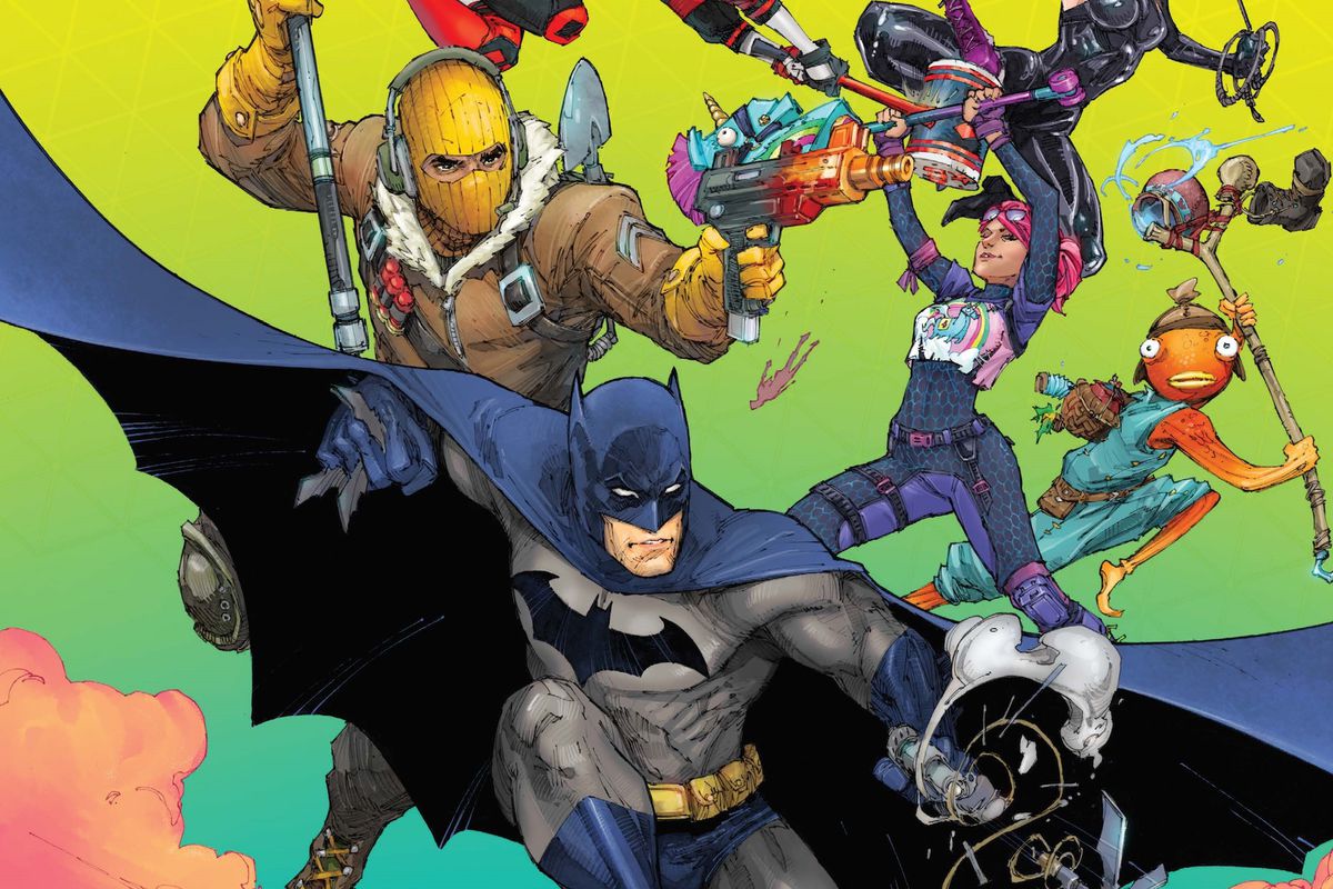 Batman glides with the cast of Fortnite in cover art for Batman/Fortnite: Zero Point #1