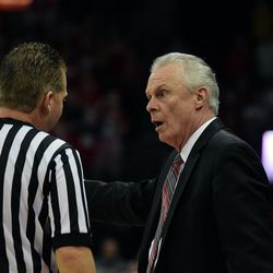 Coach Bo Ryan argues with the official during the first half