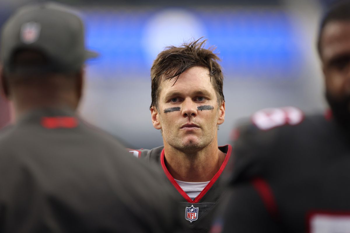 &nbsp;Tom Brady #12 of the Tampa Bay Buccaneers following the 34-24 loss to the Los Angeles Rams at SoFi Stadium on September 26, 2021 in Inglewood, California.