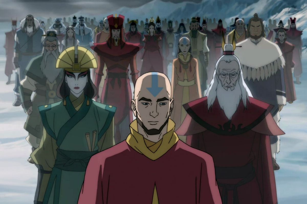 Adult Aang stands at the forefront of a crowd of past Avatars in The Legend of Korra