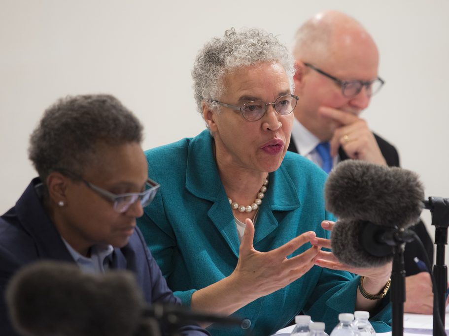 (From left) Mayoral candidates Lori Lightfoot, Cook County Board President Toni Preckwinkle and Paul Vallas meet with the Chicago Sun-Times Editorial Board in February. File Photo. | Ashlee Rezin/Sun-Times