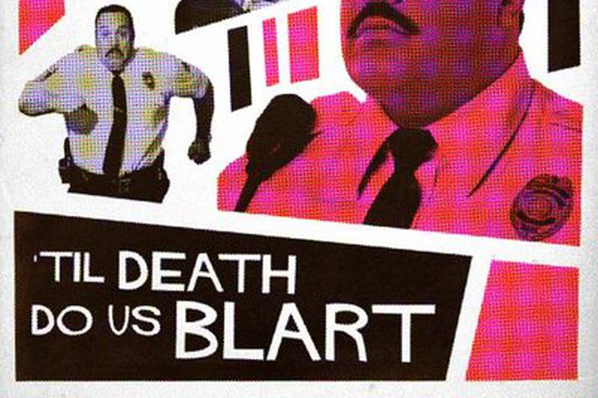 A collage of three Paul Blart images on a white background. The foremost Paul Blart is colored pink and maroon to match the alternating pink and maroon stripes in the background. At the bottom of the image it says “Til’ Death Do Us Blart”.