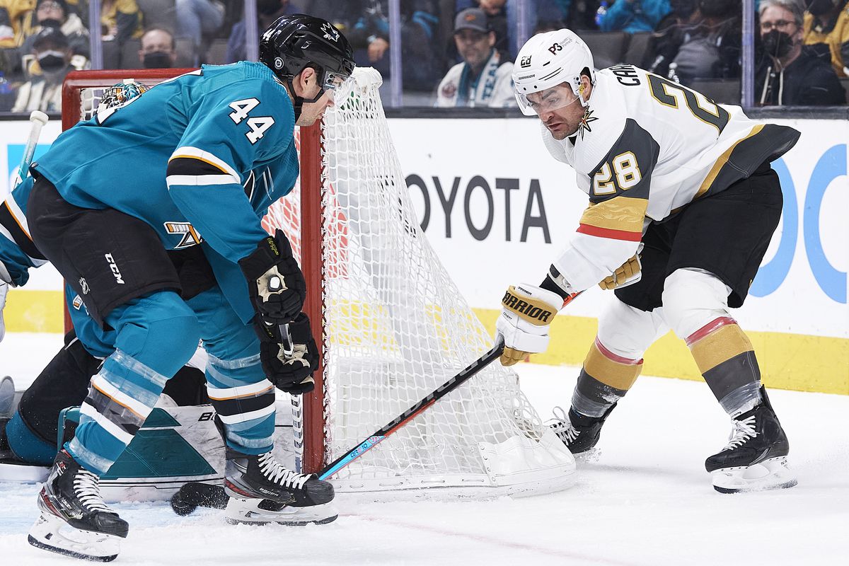 Vegas Golden Knights left wing William Carrier (28) tries a wraparound during the NHL game between the San Jose Sharks and the Vegas Golden Knights on February 20, 2022 at SAP Center in San Jose, CA.