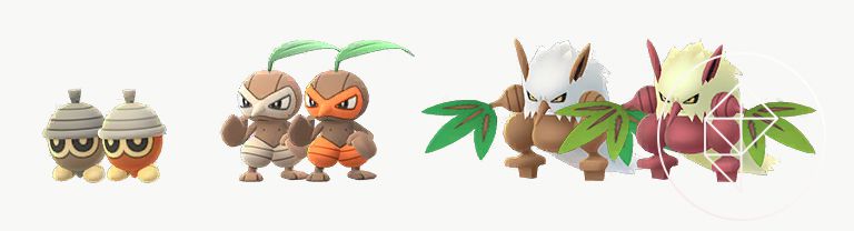 Shiny Seedot, Nuzleaf, and Shiftry standing next to their Shiny forms. The three Pokémon are usually brown, but their Shiny forms are more orange and red.