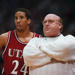 University of Utah's Andre Miller, left, and head coach Rick Majerus watch from the sideline of the 1998 NCAA Championship basketball game in San Antonio against Kentucky.