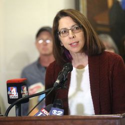 Jean Hill, director of the Catholic Diocese of Salt Lake City’s Office of Life, Justice and Peace, speaks in opposition of a sales tax on food during a press conference at the Capitol in Salt Lake City on Wednesday, Nov. 20, 2019.