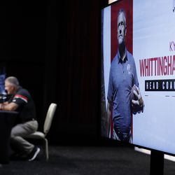 Utah head coach Kyle Whittingham answers questions during the Pac-12 Conference NCAA college football Media Day Wednesday, July 24, 2019, in Los Angeles.