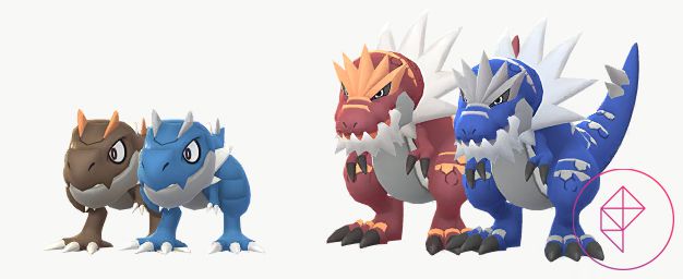 Shiny Tyrunt and Tyrantrum in Pokémon Go with their shiny forms. Both turn blue when shiny.