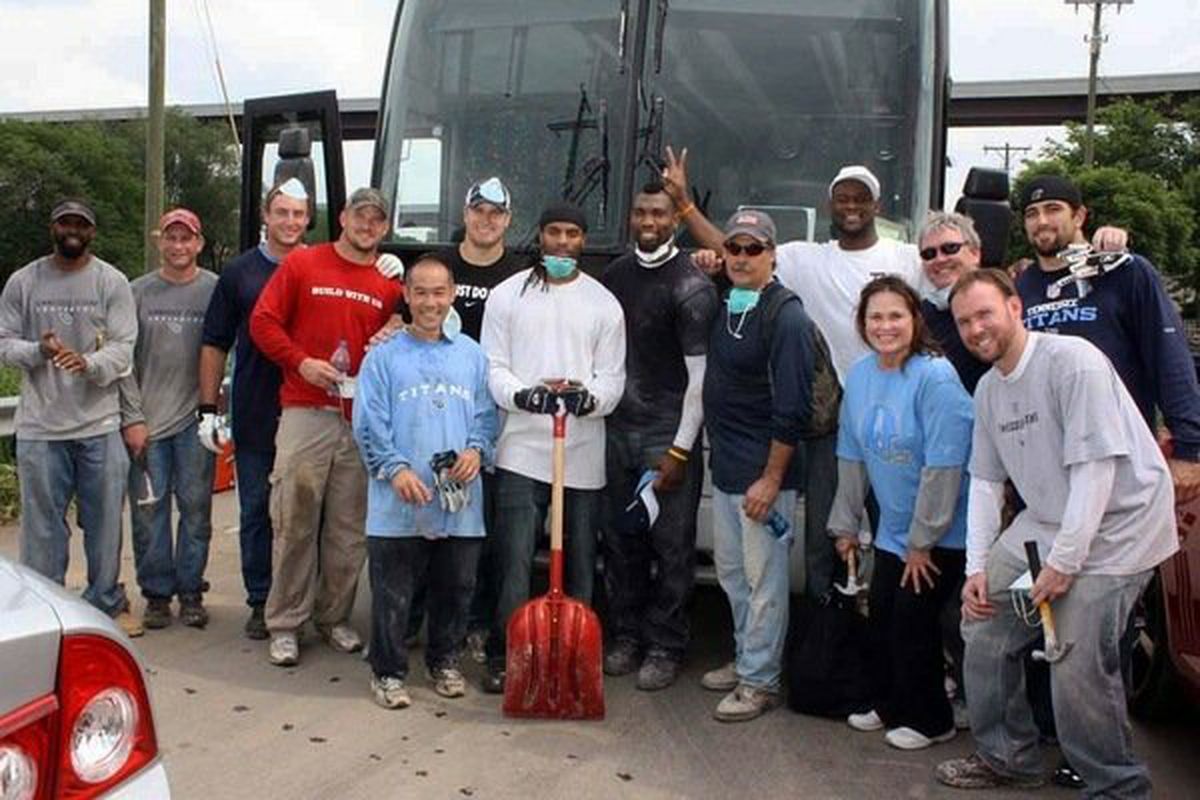 Mike Rivera(Top Right) and other members of the Tennessee Titans help out with the flood cleanup efforts in Nashville.