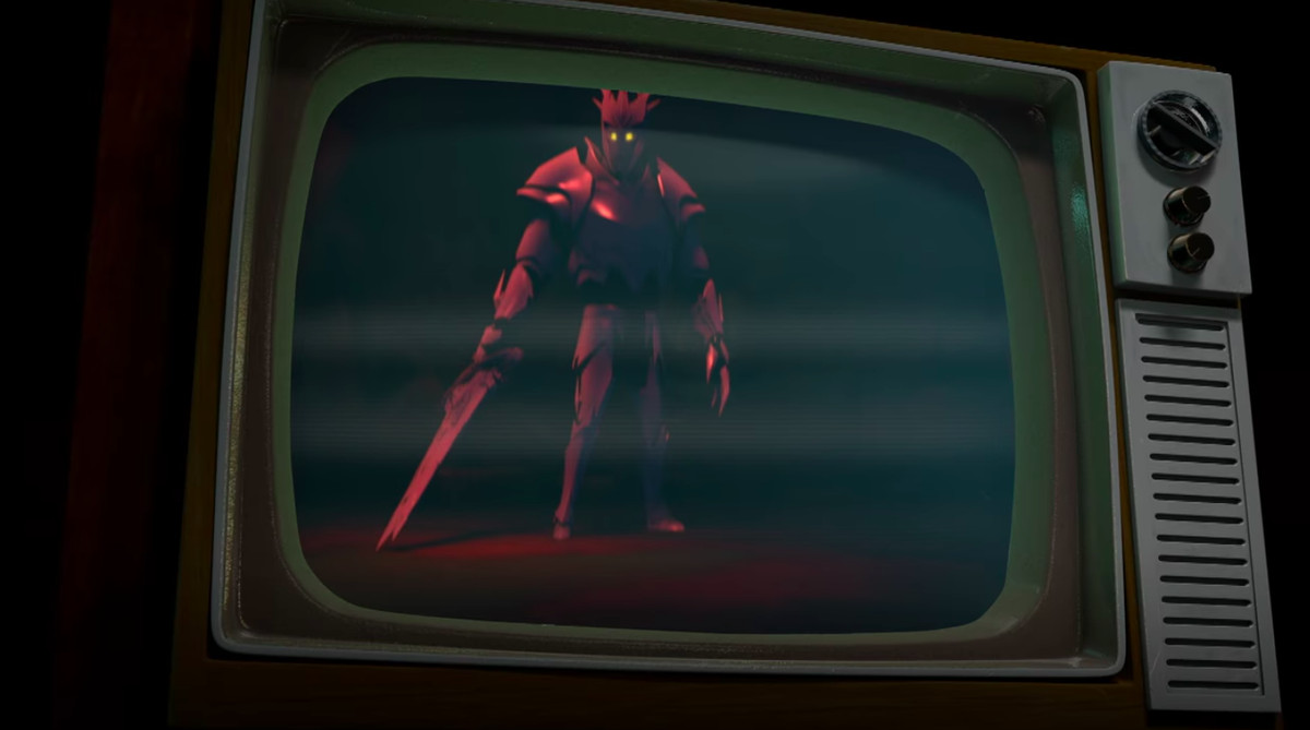 A figure in white armor with a sword is pictured on a grainy television screen.