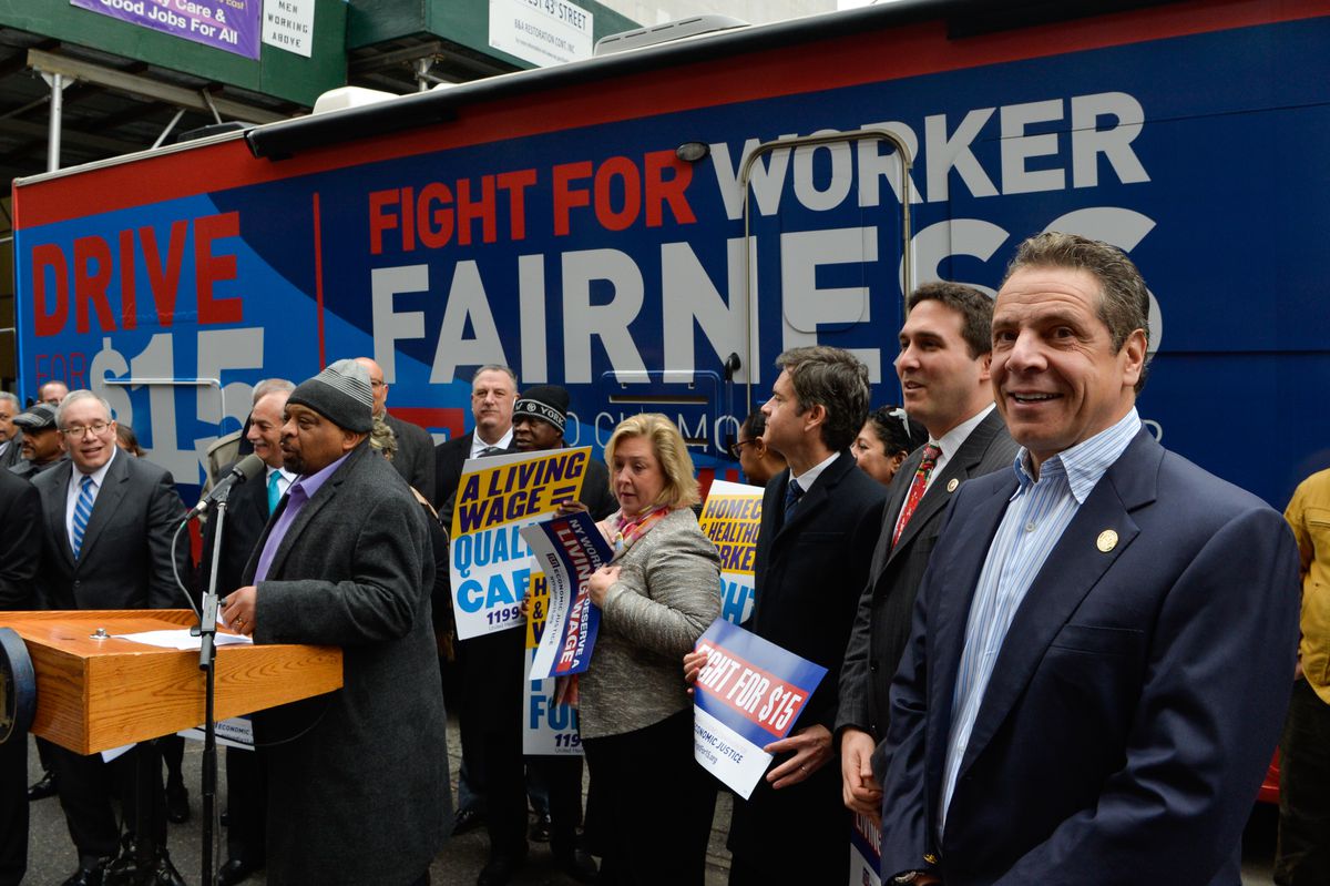 In 2016, Gov. Andrew Cuomo helped the “Drive for $15” campaign to raise the minimum wage, kick off a bus tour.