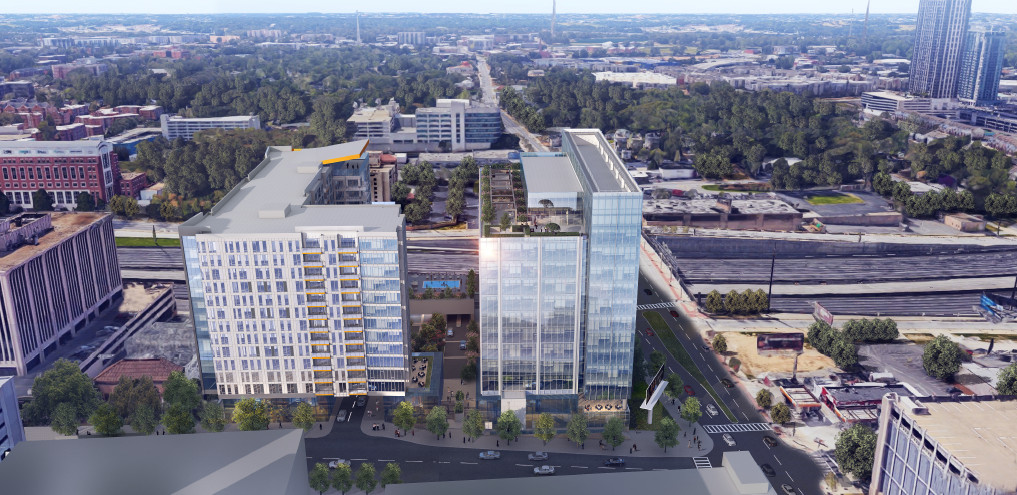 A wide-angle rendering shows how the plaza between the two buildings would be utilized for motorists and pedestrians. 