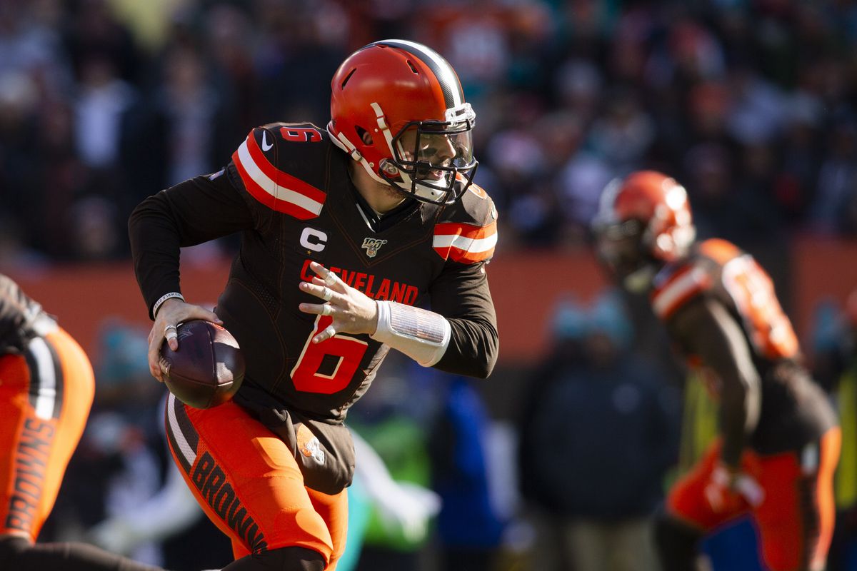 Cleveland Browns quarterback Baker Mayfield drops back with the ball during the first quarter against the Miami Dolphins at FirstEnergy Stadium.&nbsp;