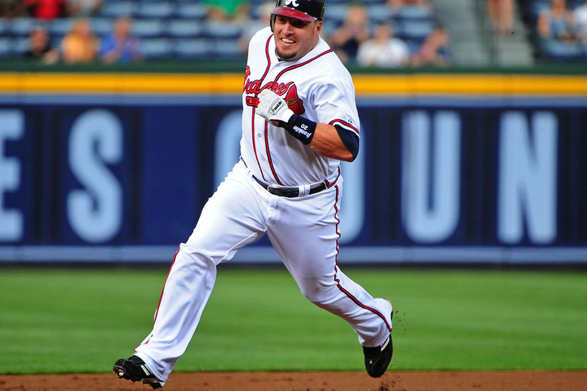 ATLANTA, GA - APRIL 30: Eric Hinske #20 of the Atlanta Braves rounds second base against the Pittsburgh Pirates at Turner Field on April 30, 2012 in Atlanta, Georgia. (Photo by Scott Cunningham/Getty Images)