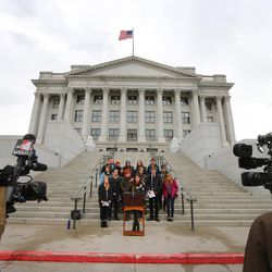 Karsyn Ansari, from the University of Utah, and other student leaders from throughout the state gather at the Capitol to deliver a letter to Gov. Gary Herbert decrying a lack of wilderness protection in Utah Congressman Rob Bishop’s Public Lands Initiative on Tuesday, March 15, 2016. The group also plans to send a letter to President Barack Obama urging him make the the Bears Ears area a national monument.


 