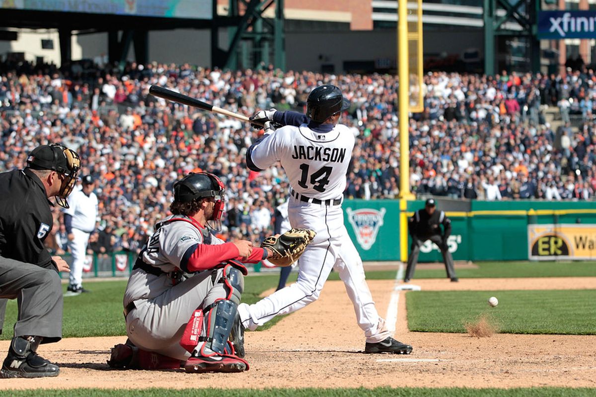 Austin Jackson hits a game-winning single to mathematically eliminate the Boston Red Sox from playoff contention. (Photo by Leon Halip/Getty Images)