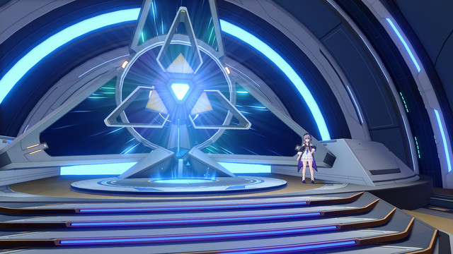 Herta stands in front of her Simulated Universe machine in Honkai: Star Rail