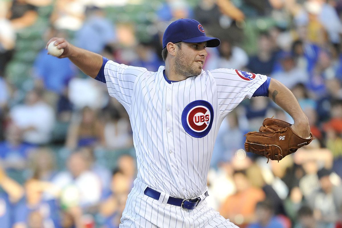 CHICAGO, IL - JUNE 26:  Starting pitcher Randy Wells #36 of the Chicago Cubs delivers during the first inning against the New York Mets at Wrigley Field on June 26, 2012 in Chicago, Illinois.  (Photo by Brian Kersey/Getty Images)