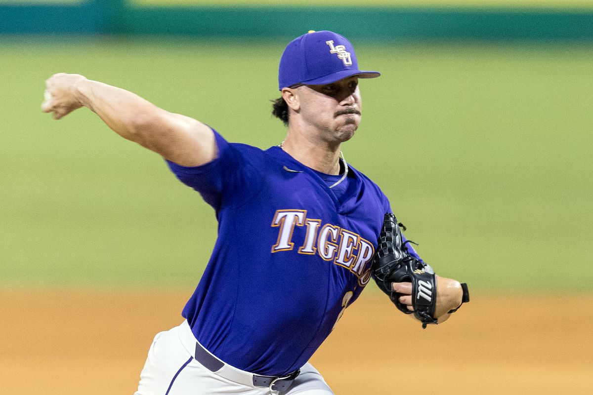 LSU Tigers right handed pitcher Paul Skenes throws a pitch during a game between the LSU Tigers and the Kentucky Wildcats on June 10, 2023, at Alex Box Stadium in Baton Rouge, LA.