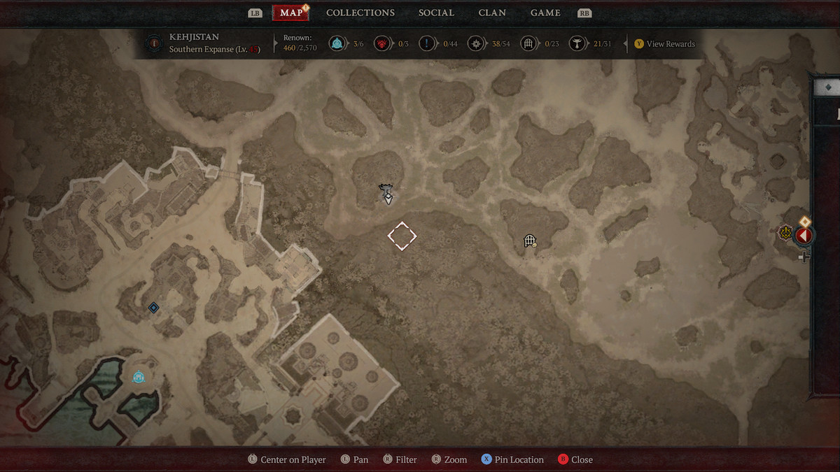 A map of Kehjistan in Sanctuary showing the 21st Altar of Lilith in Diablo 4
