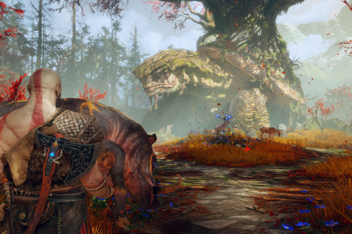Kratos carries a magical boar to a turtle in God of War PC