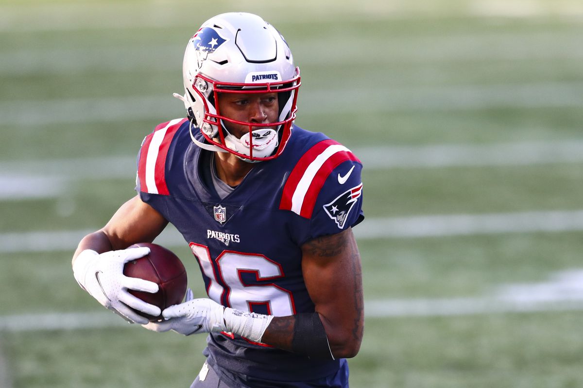 Jakobi Meyers #16 of the New England Patriots runs with the ball during a game against the New England Patriots at Gillette Stadium on November 29, 2020 in Foxborough, Massachusetts.