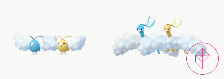 Shiny and normal Swablu and Altaria. Shiny Swablu and Altaria are both golden instead of light blue.