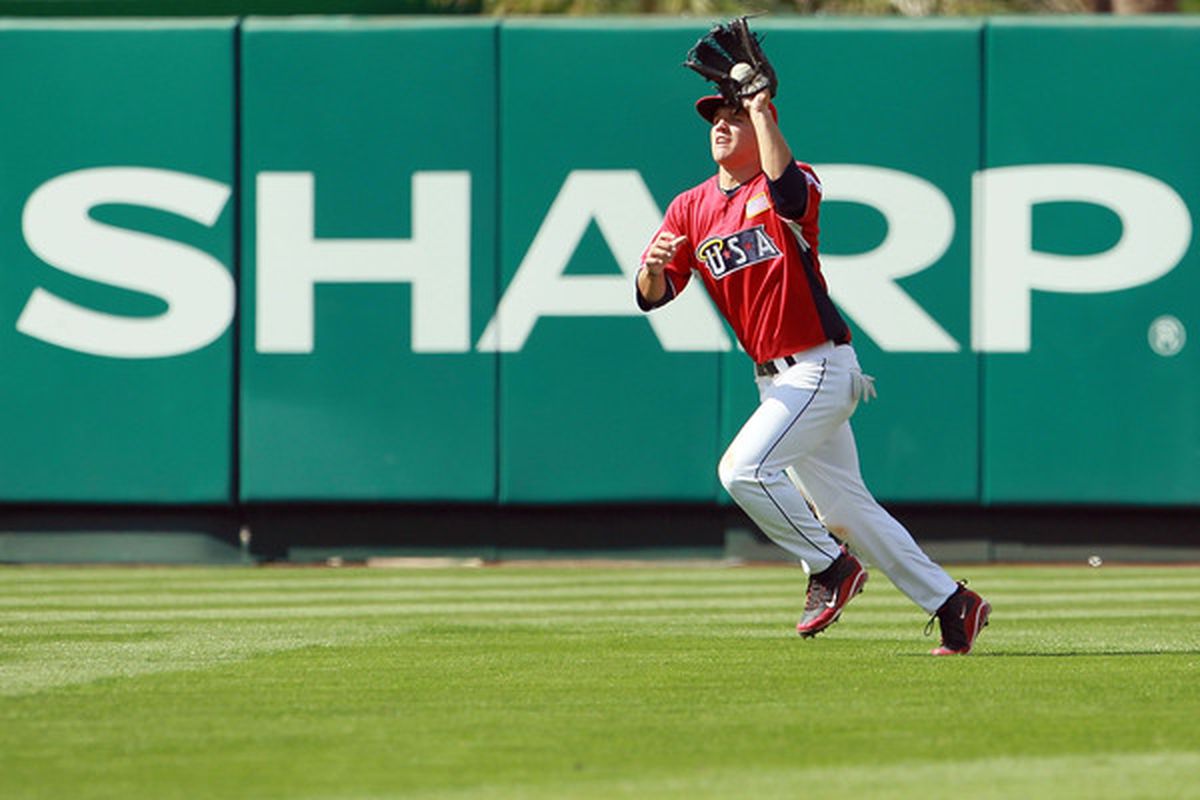 Brett Jackson catches a fly ball during this year's Futures Game in Anaheim.