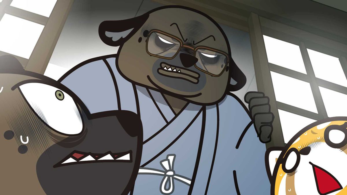 haida’s overbearing father, a large hyena in a robe, stares down angrily at haida and retsuko, who both look up fearfully