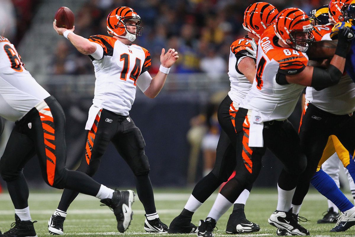 ST. LOUIS, MO - DECEMBER 18: Andy Dalton #14 of the Cincinnati Bengals passes against the St. Louis Rams at the Edward Jones Dome on December 18, 2011 in St. Louis, Missouri.  (Photo by Dilip Vishwanat/Getty Images)