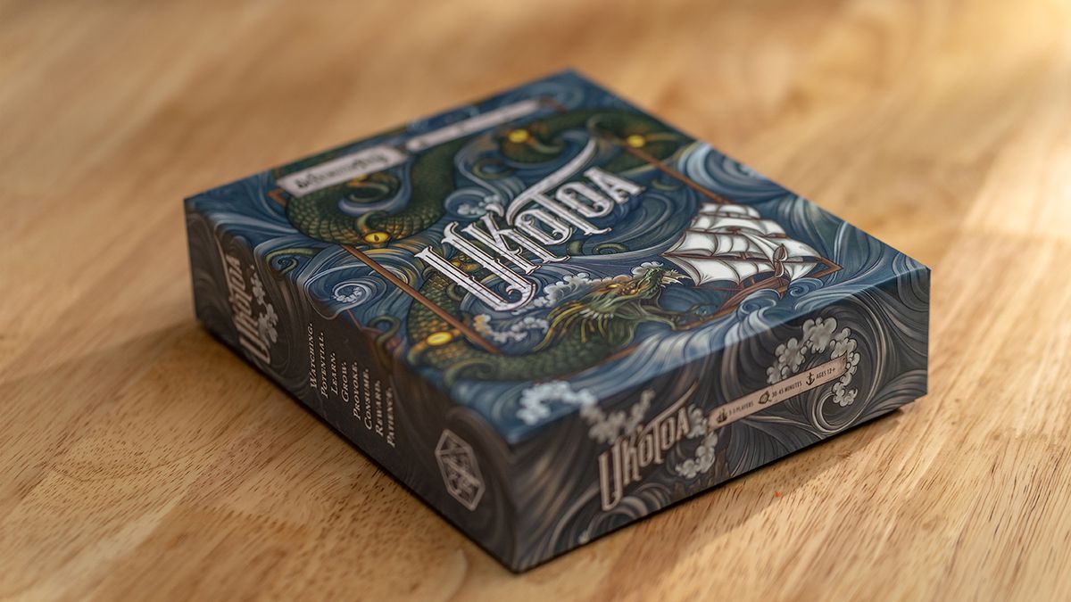 The box art for Uk’Otoa features an intricate seascape, the monster, and a sailing ship caught in its grasp.
