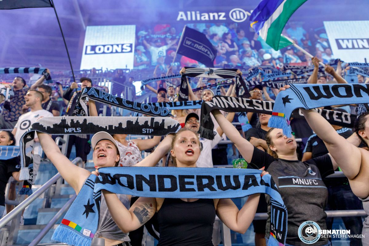 July 3, 2019 - Saint Paul, Minnesota, United States - Supporters sing Wonderwall in celebration as Minnesota United defeated San Jose Earthquakes 3-1 at Allianz Field.