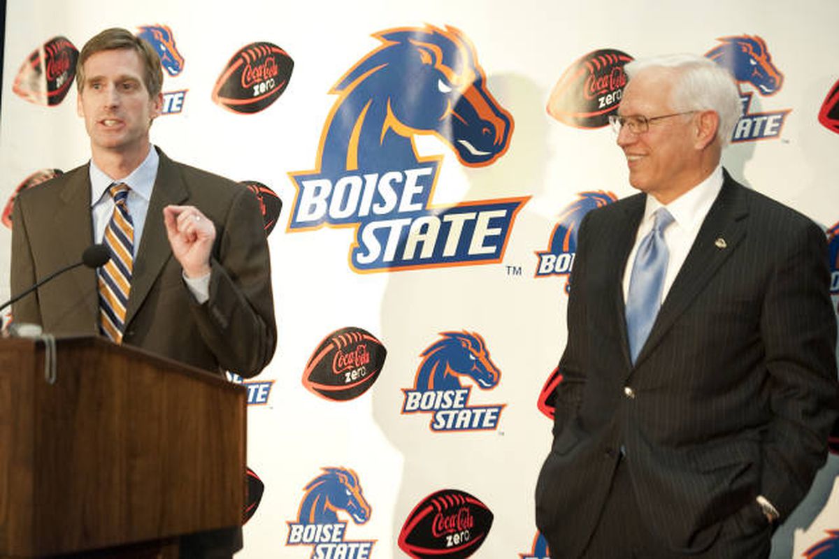 New Boise State Athletic Director Mark Coyle is introduced by Boise State President Bob Kustra