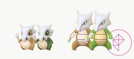 Shiny Cubone and Marowak with their regular forms. Both Shinies turn from brown to green.