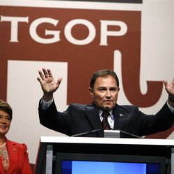 Governor Gary Herbert speaks at the Utah Republican Party 2012 Nominating Convention at the South Towne Exposition Center in Sandy on Saturday, April 21, 2012.  