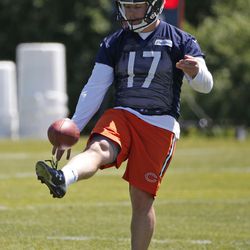 Chicago Bears kicker Andy Phillips kicks a ball during NFL football practice Tuesday, June 6, 2017, in Lake Forest, Ill.