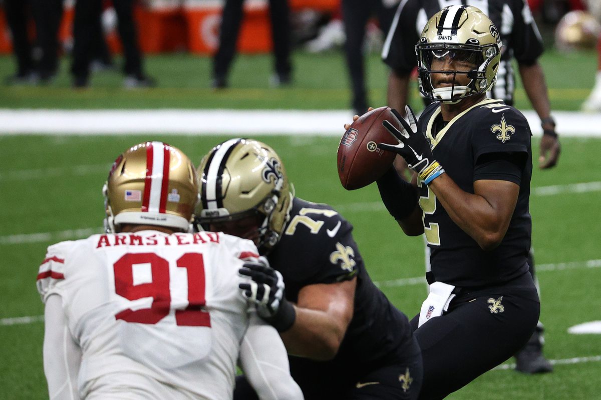 Jameis Winston #2 of the New Orleans Saints looks to attempt a pass during their game against the San Francisco 49ers at Mercedes-Benz Superdome on November 15, 2020 in New Orleans, Louisiana.
