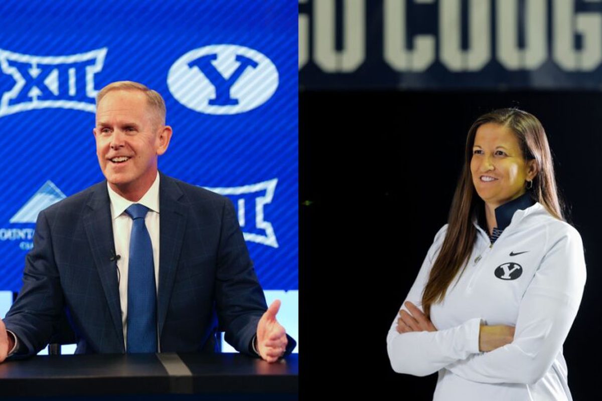 BYU athletic director Tom Holmoe speaks at a press conference and BYU senior associate athletic director Liz Darger poses for a portrait.