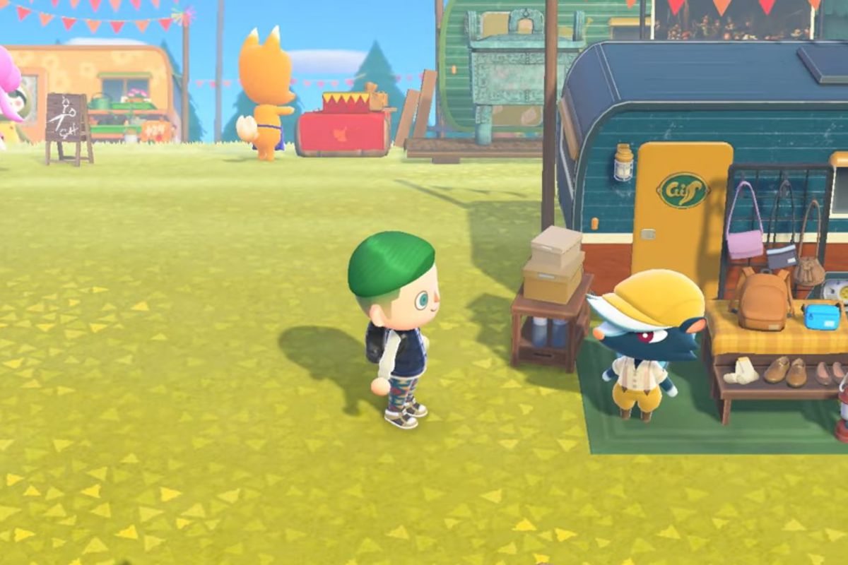 A green-haired villager stands in front of Kicks the skunk with Redd the fox in the background.