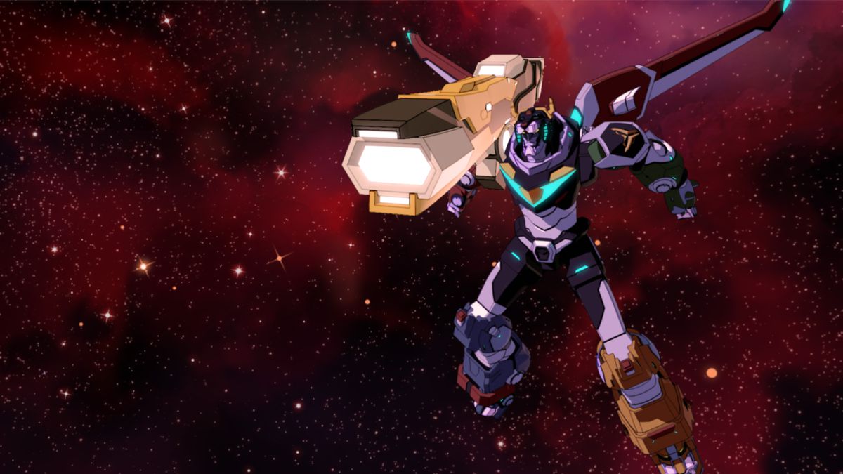 The complete Voltron mech, floating in space with a massive rifle.