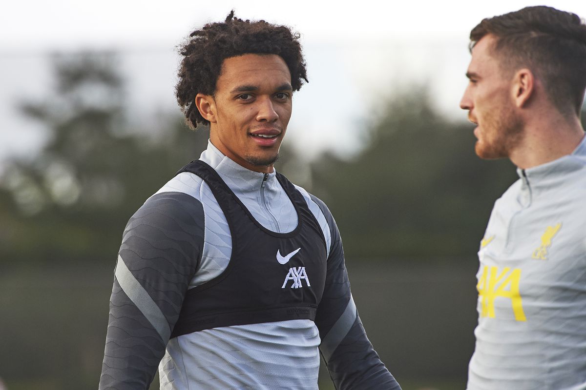 rent Alexander-Arnold of Liverpool during a training session at AXA Training Centre on September 27, 2021 in Kirkby, England.
