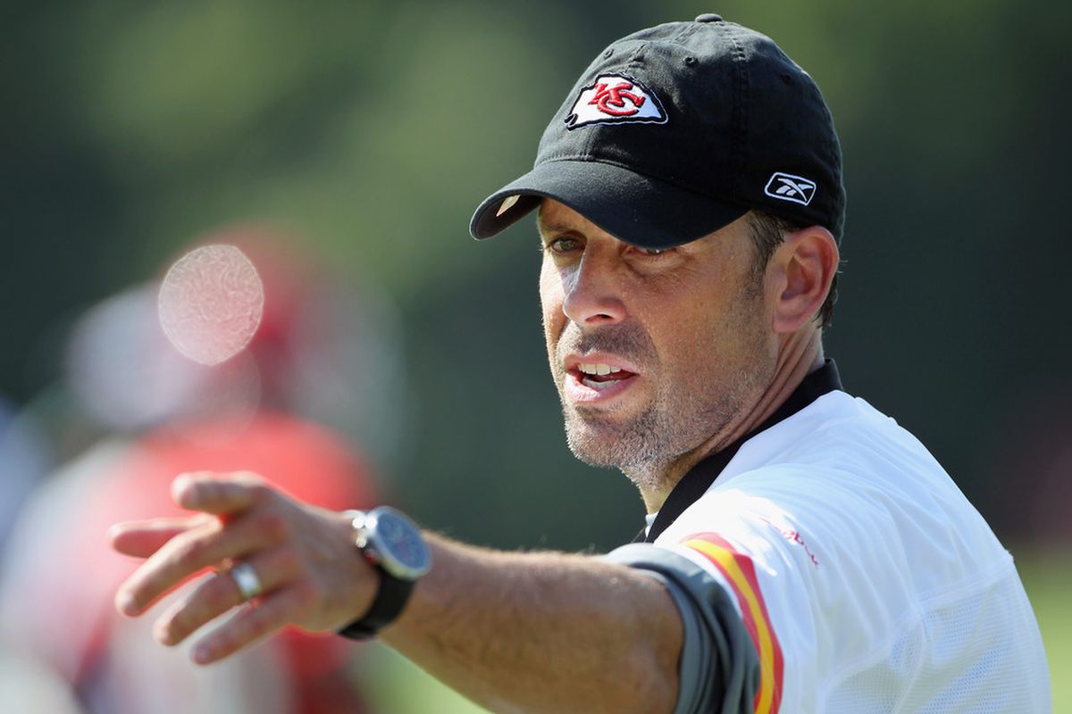 SAINT JOSEPH, MO - JULY 31:  Head coach Todd Haley motions during Kansas City Chiefs Training Camp on July 31, 2011 in Saint Joseph, Missouri.  (Photo by Jamie Squire/Getty Images)