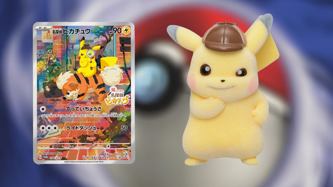 A stock photo of the Detective Pikachu card for the Pokémon TCG, and fluffy Detective Pikachu figure