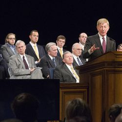George Will, a Pulitzer Prize-winning journalist, discusses The Political Argument Today at a Brigham Young University forum Oct. 22 in the Marriott Center.