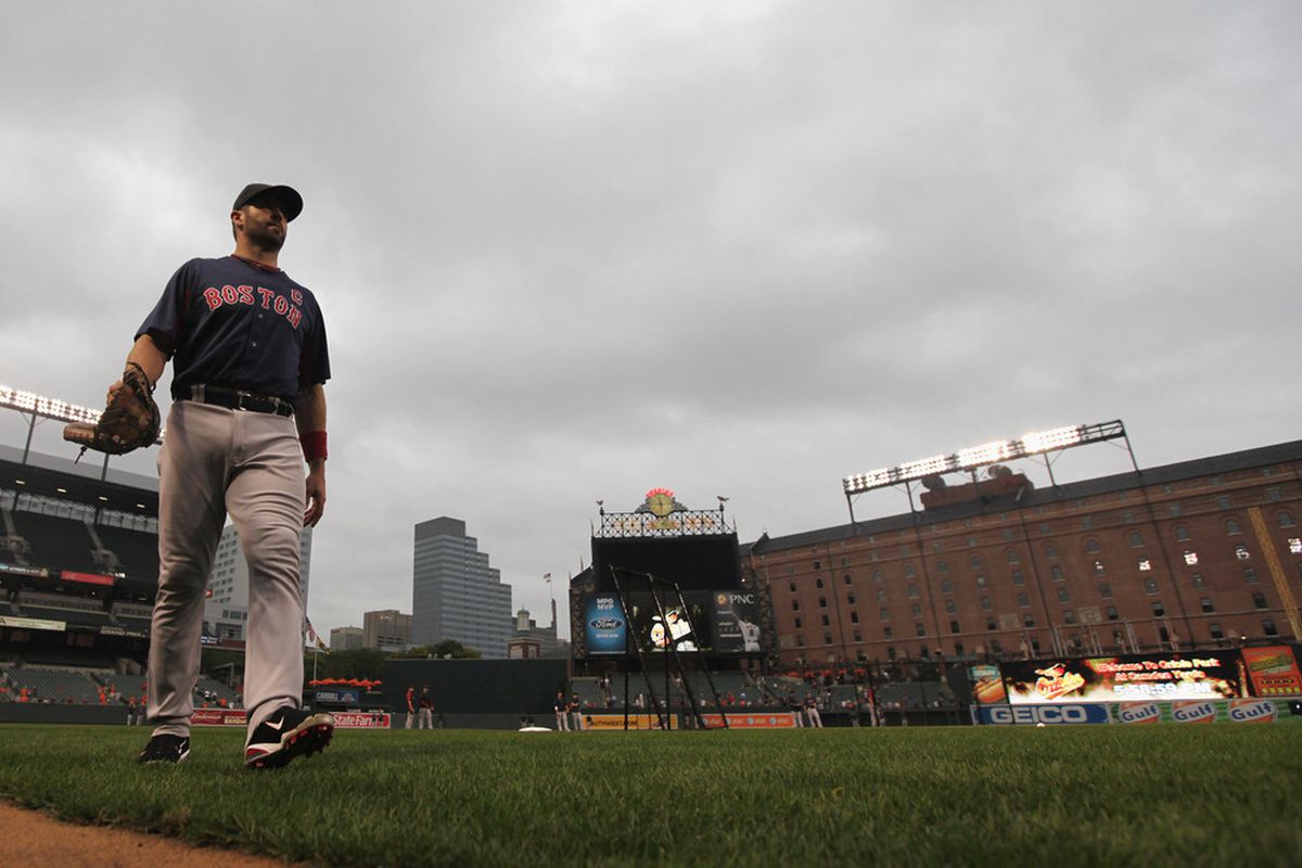 Jason Varitek of the Boston Red Sox walks in from the outfield after throwing before the start of the Red Sox game against the Baltimore Orioles at Oriole Park at Camden Yards in Baltimore, Maryland.  (Photo by Rob Carr/Getty Images)