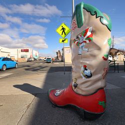 A large cowboy boot is displayed along a street in Elko, Nev., on Tuesday Jan 26, 2021.
